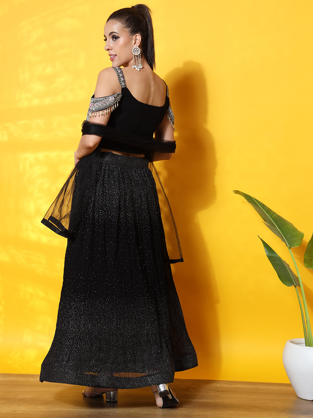 Tassled Cold Shoulder Georgette Pleated Foil Print Lehenga Choli Set