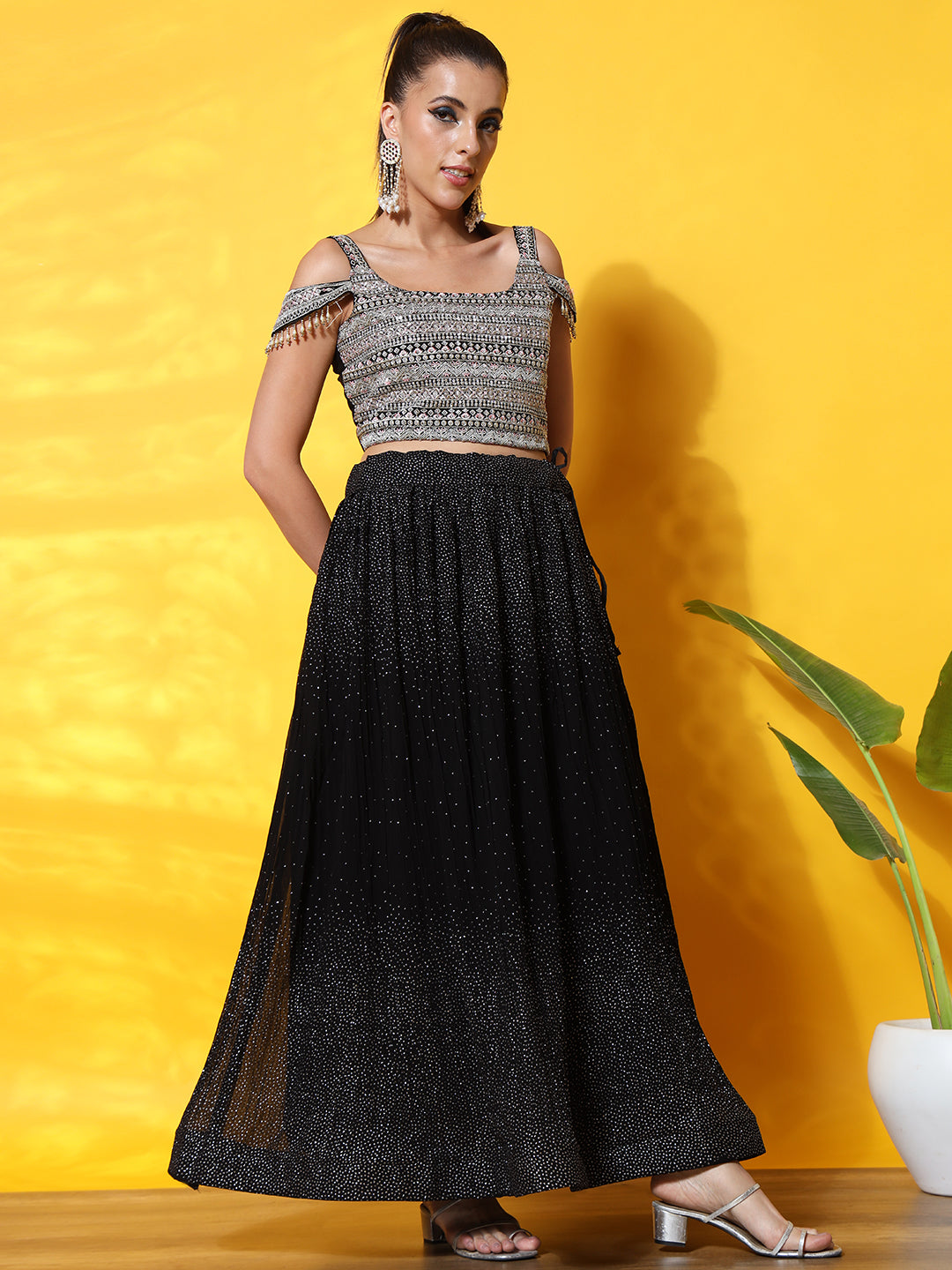 Tassled Cold Shoulder Georgette Pleated Foil Print Lehenga Choli Set