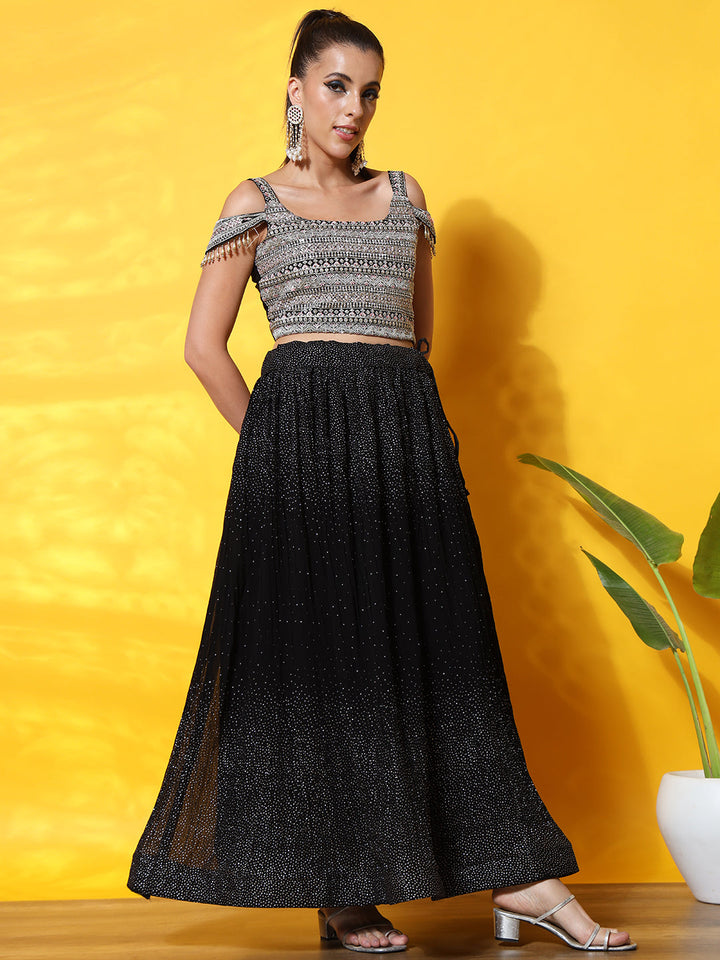 Tassled Cold Shoulder Georgette Pleated Foil Print Lehenga Choli Set