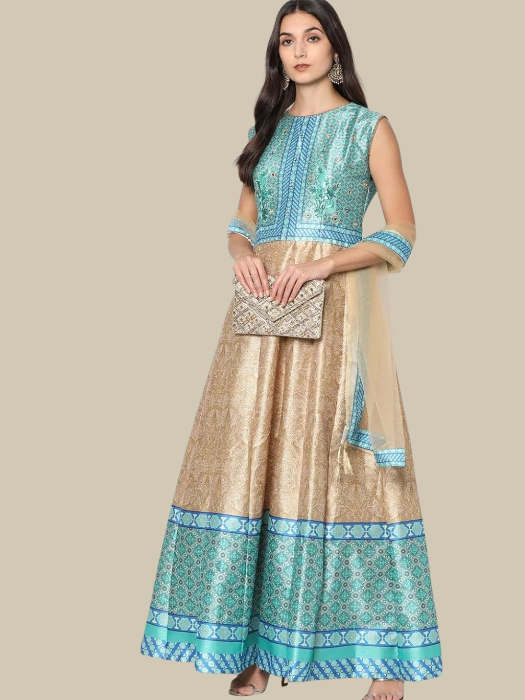 Ikat inspired Colorblocked Digital Print Gown With Net Dupatta
