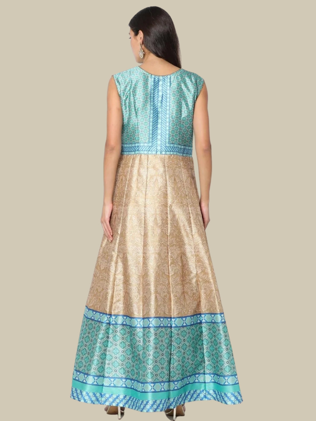 Ikat inspired Colorblocked Digital Print Gown With Net Dupatta