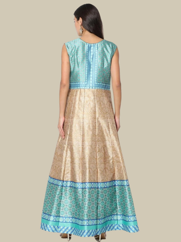 Ikat inspired Colorblocked Digital Print Gown With Net Dupatta