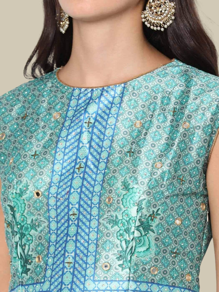 Ikat inspired Colorblocked Digital Print Gown With Net Dupatta
