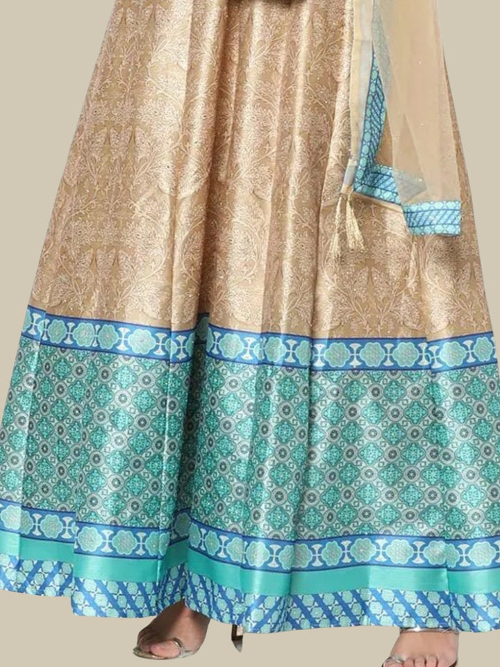 Ikat inspired Colorblocked Digital Print Gown With Net Dupatta