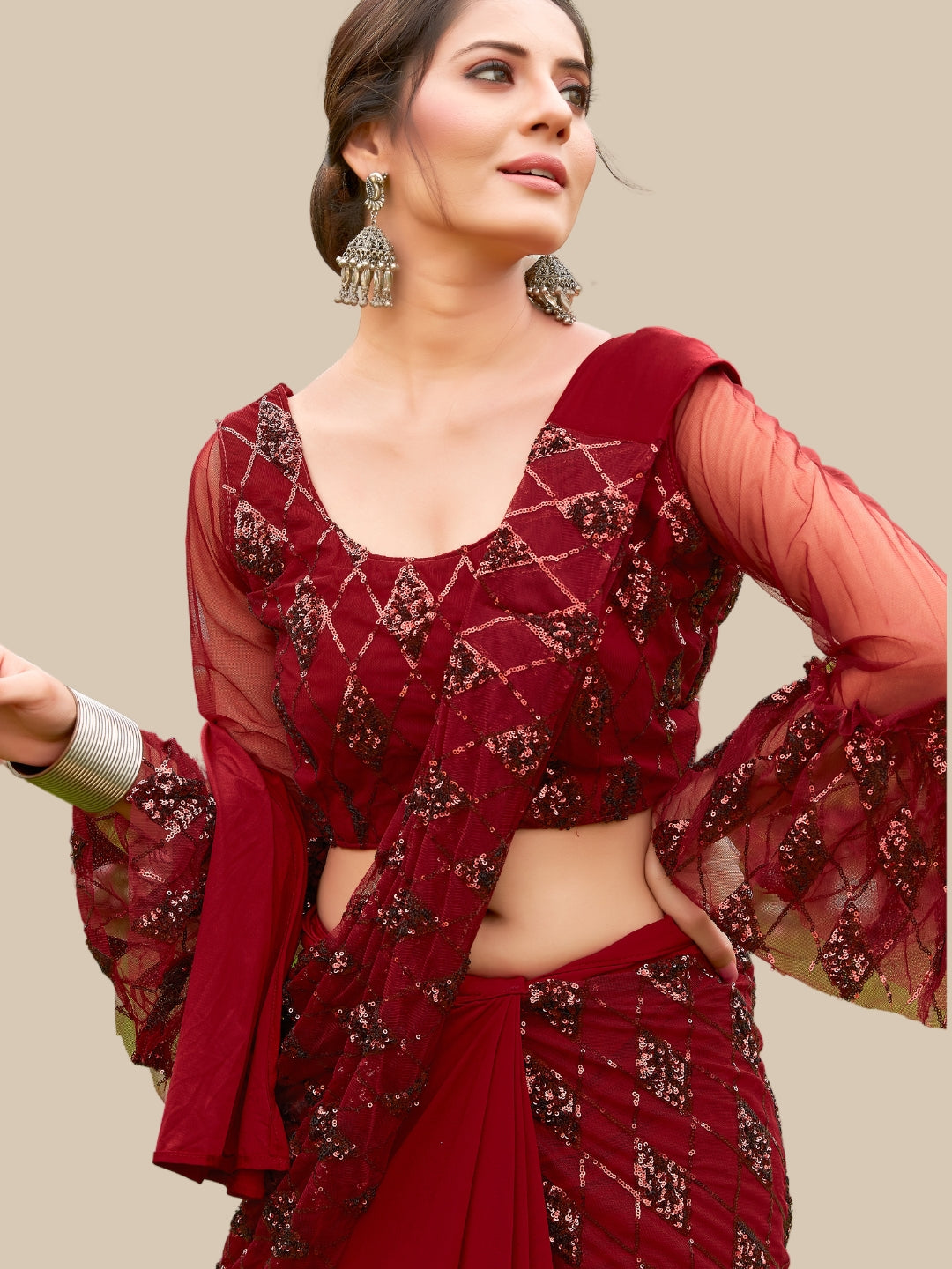 Pre Draped Maroon Sequin Embellished Half & Half Saree with Pleats