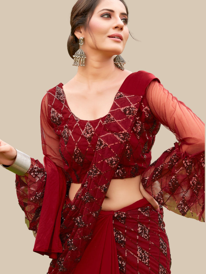 Pre Draped Maroon Sequin Embellished Half & Half Saree with Pleats