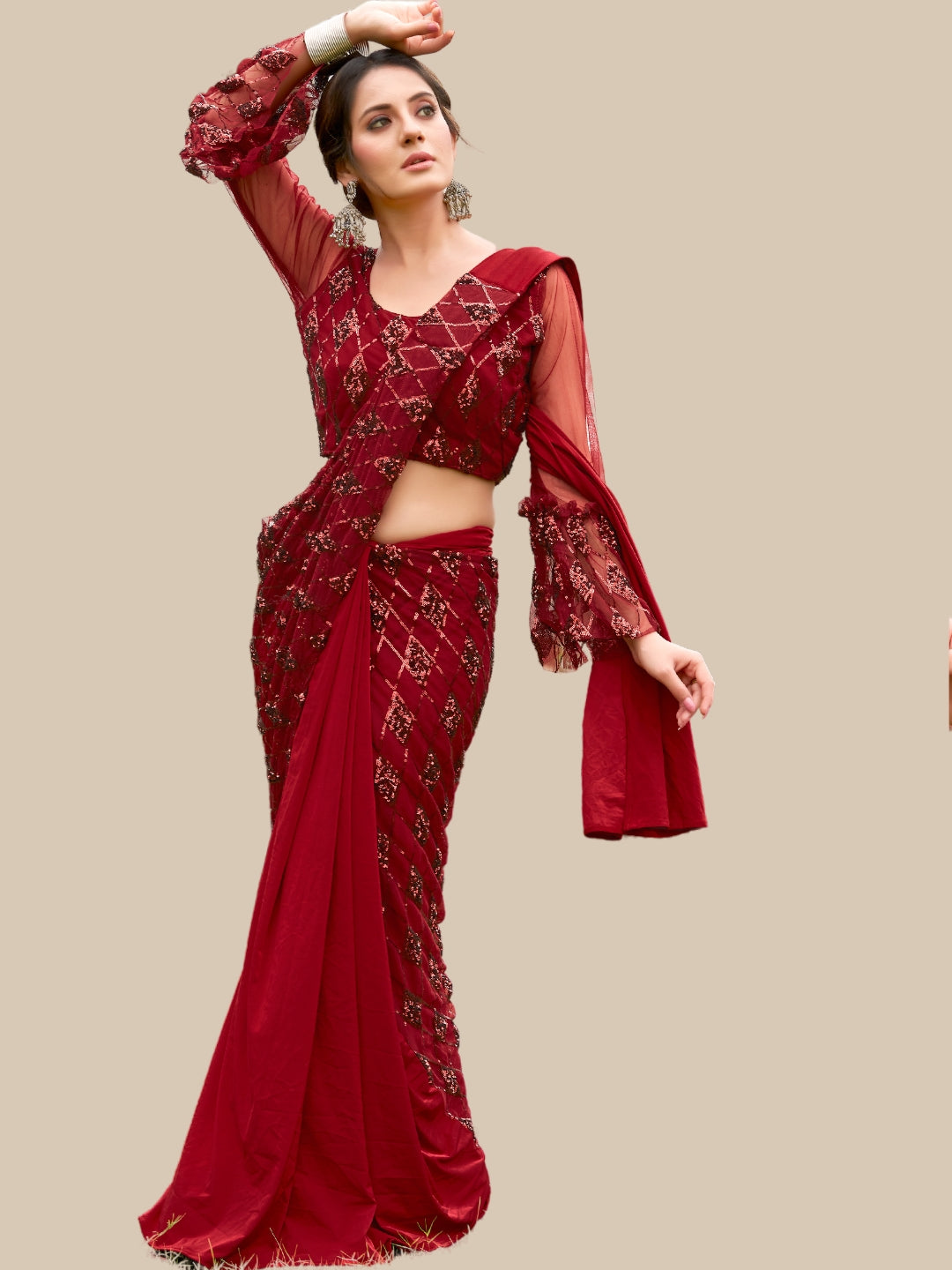 Pre Draped Maroon Sequin Embellished Half & Half Saree with Pleats