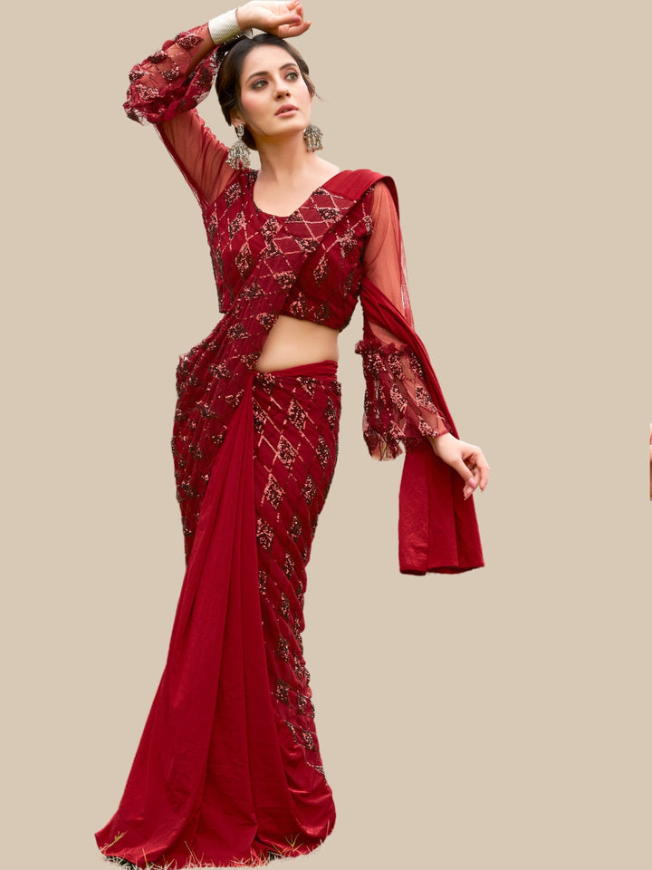 Pre Draped Maroon Sequin Embellished Half & Half Saree with Pleats