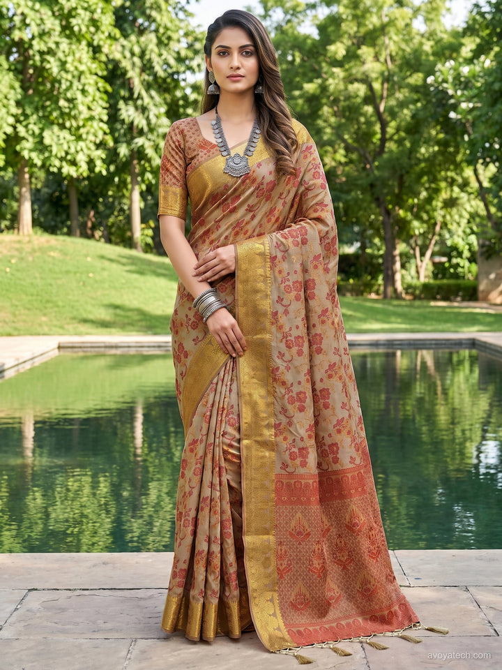Beige Floral Woven Silk Saree with Golden Zari Border