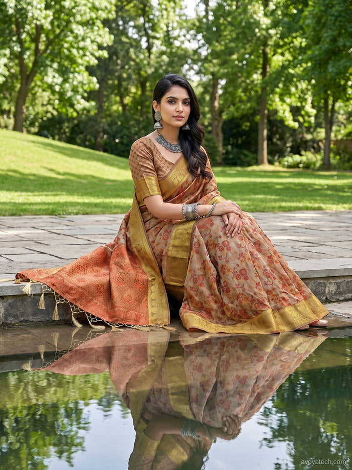Beige Floral Woven Silk Saree with Golden Zari Border