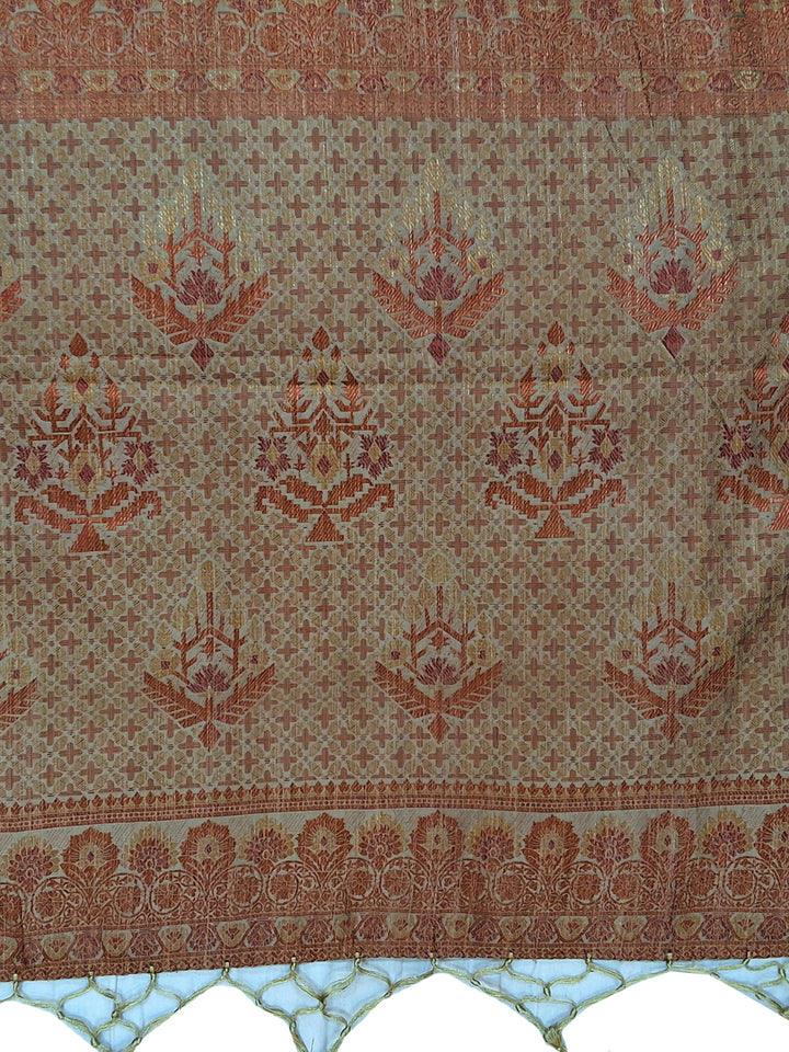 Beige Floral Woven Silk Saree with Golden Zari Border
