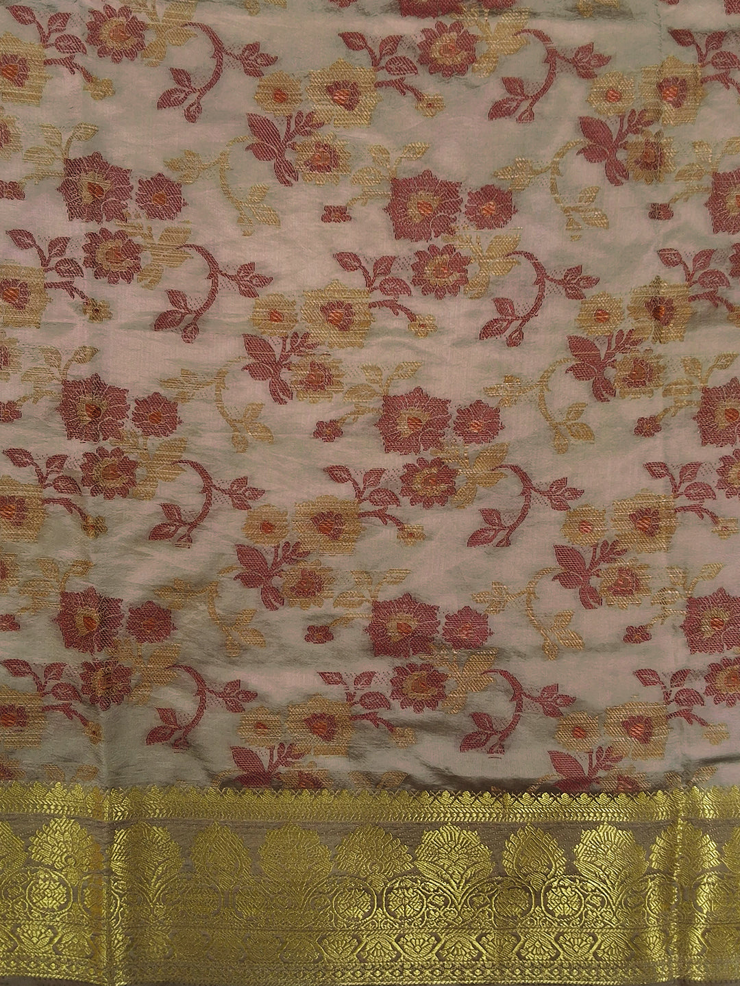 Beige Floral Woven Silk Saree with Golden Zari Border