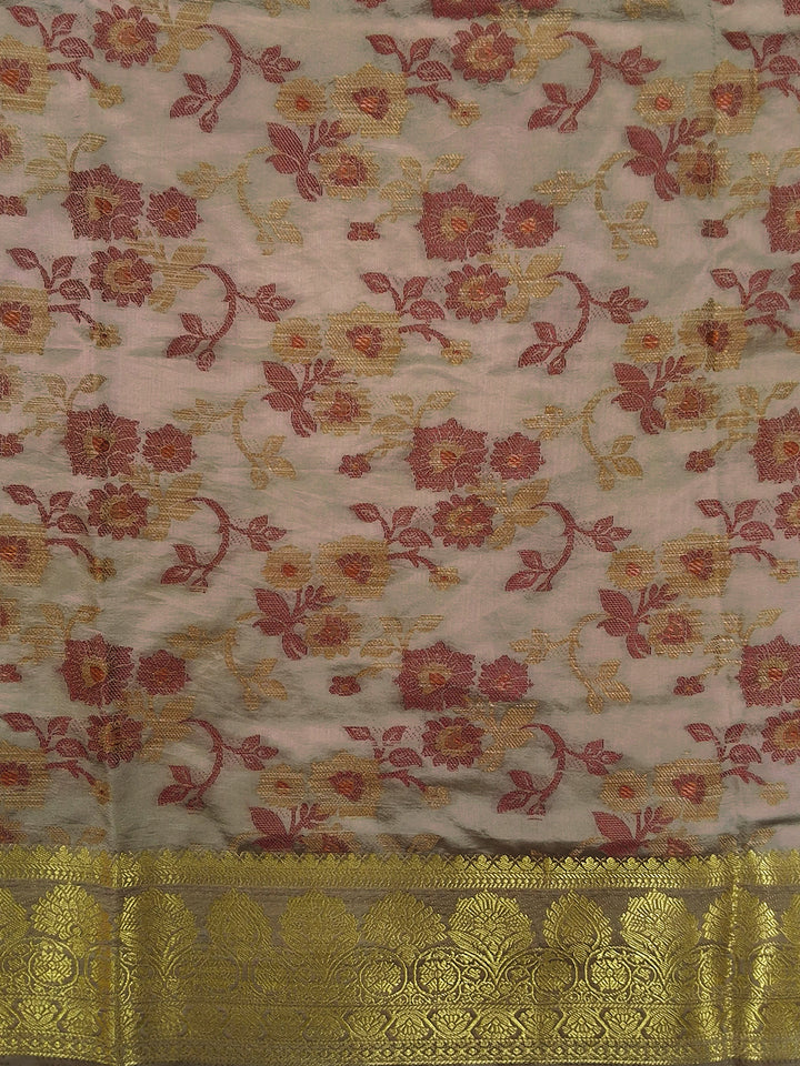 Beige Floral Woven Silk Saree with Golden Zari Border
