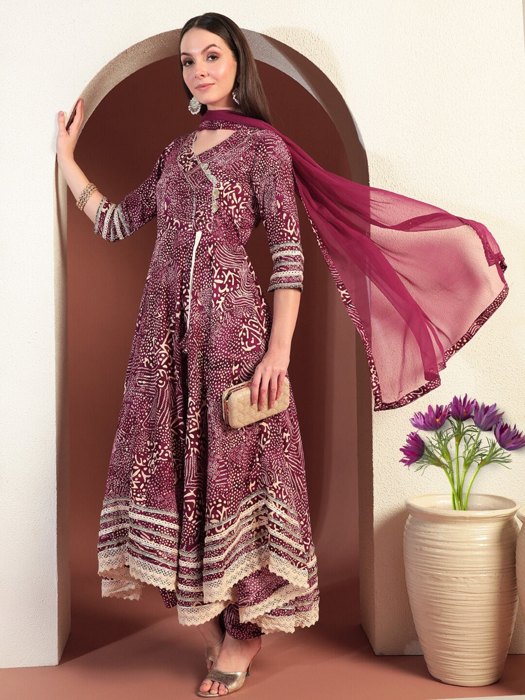 Chhabra 555 Bandhej Print Gota Patti Embellished Angrakha Flared Suit with Schiffli Embroidery Laces