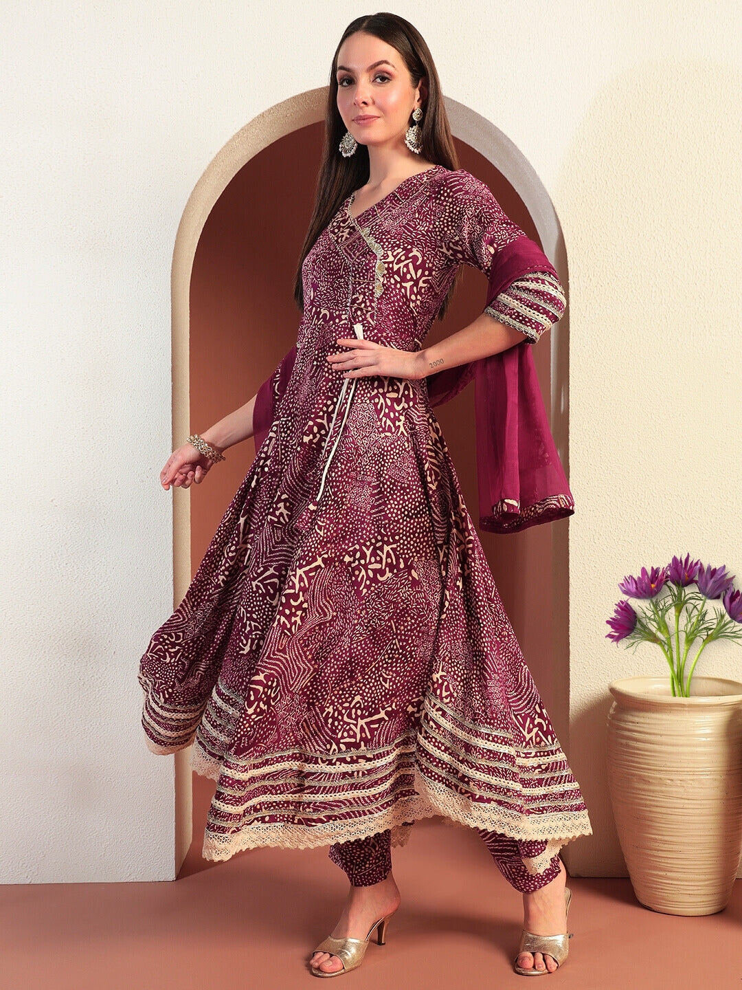 Bandhej Print Gota Patti Embellished Angrakha Flared Suit with Schiffli Embroidery Laces