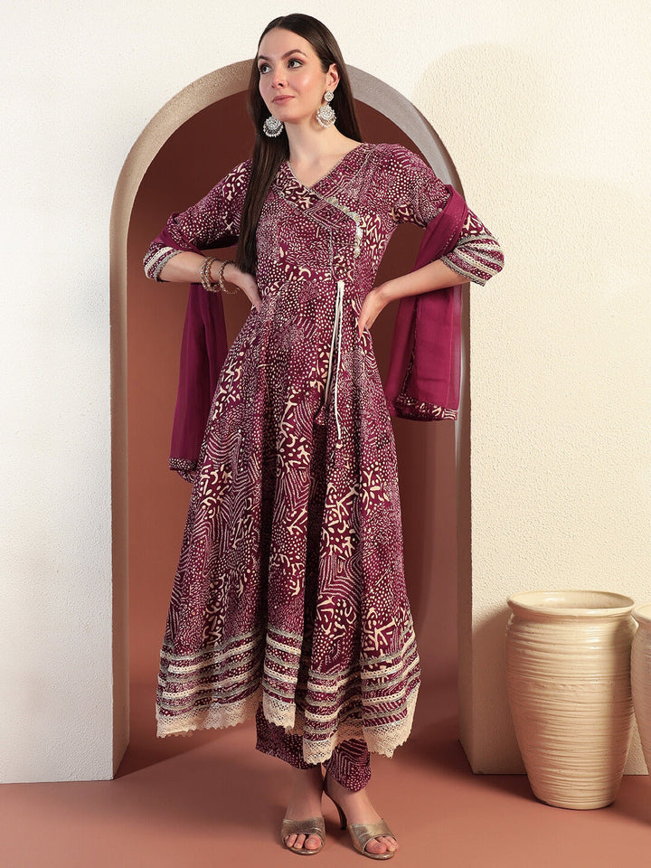 Bandhej Print Gota Patti Embellished Angrakha Flared Suit with Schiffli Embroidery Laces
