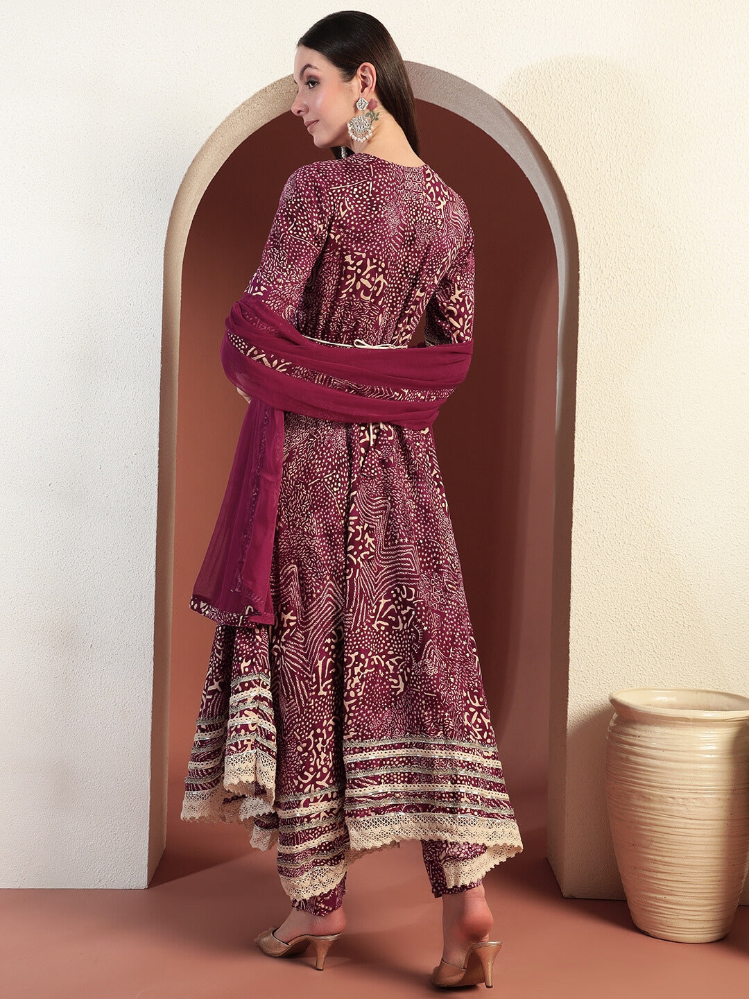 Bandhej Print Gota Patti Embellished Angrakha Flared Suit with Schiffli Embroidery Laces