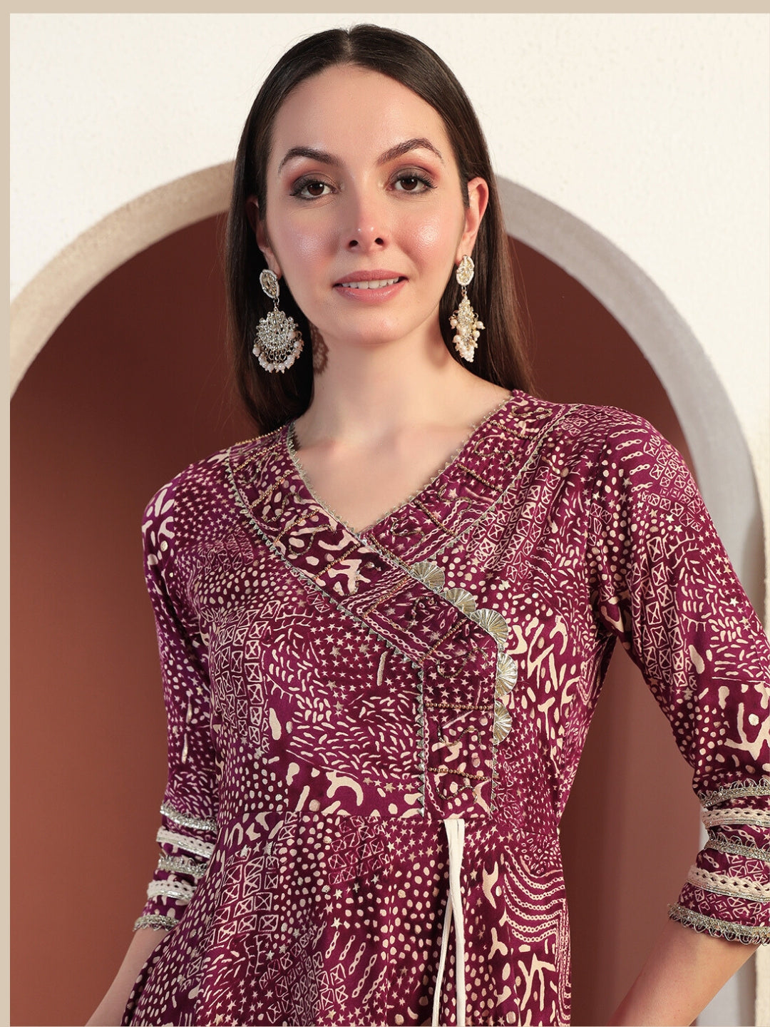 Bandhej Print Gota Patti Embellished Angrakha Flared Suit with Schiffli Embroidery Laces