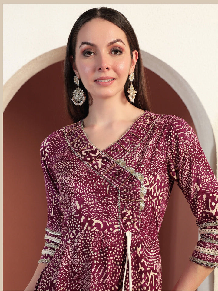 Bandhej Print Gota Patti Embellished Angrakha Flared Suit with Schiffli Embroidery Laces