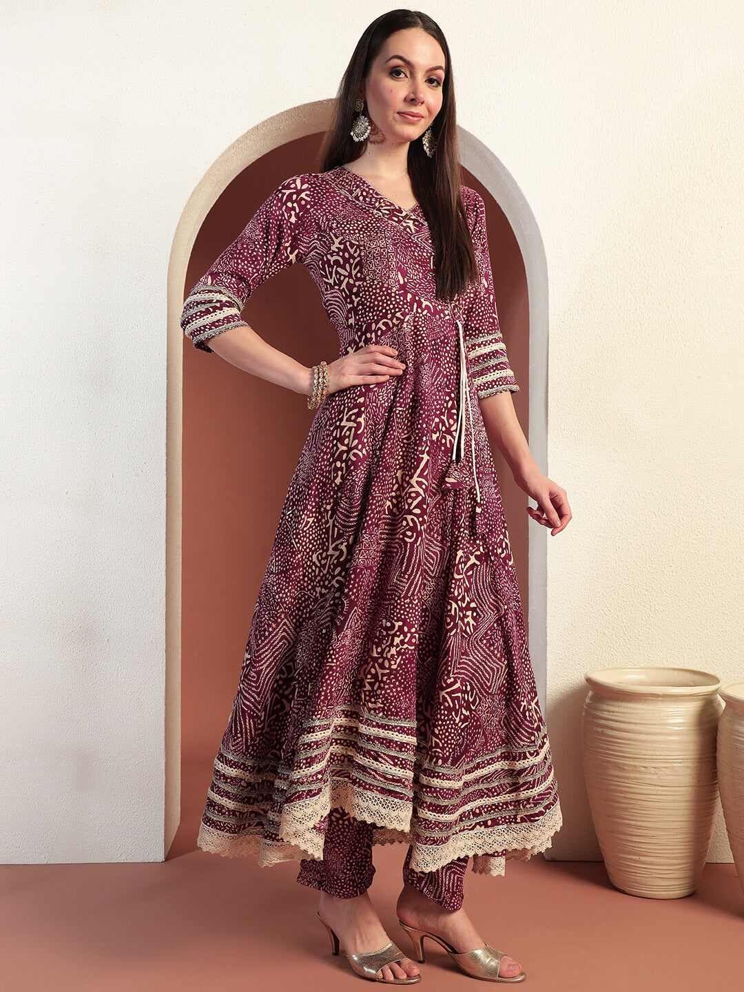 Bandhej Print Gota Patti Embellished Angrakha Flared Suit with Schiffli Embroidery Laces
