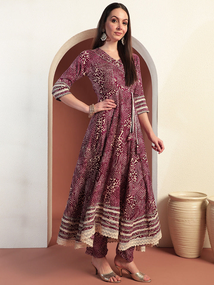 Bandhej Print Gota Patti Embellished Angrakha Flared Suit with Schiffli Embroidery Laces