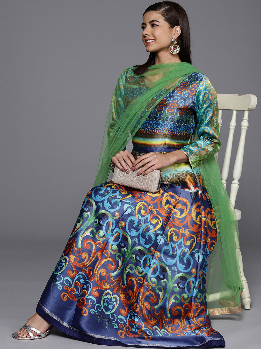 Made to Measure Blue & Green Anarkali Bohemian Printed Dress with Green Net Dupattta