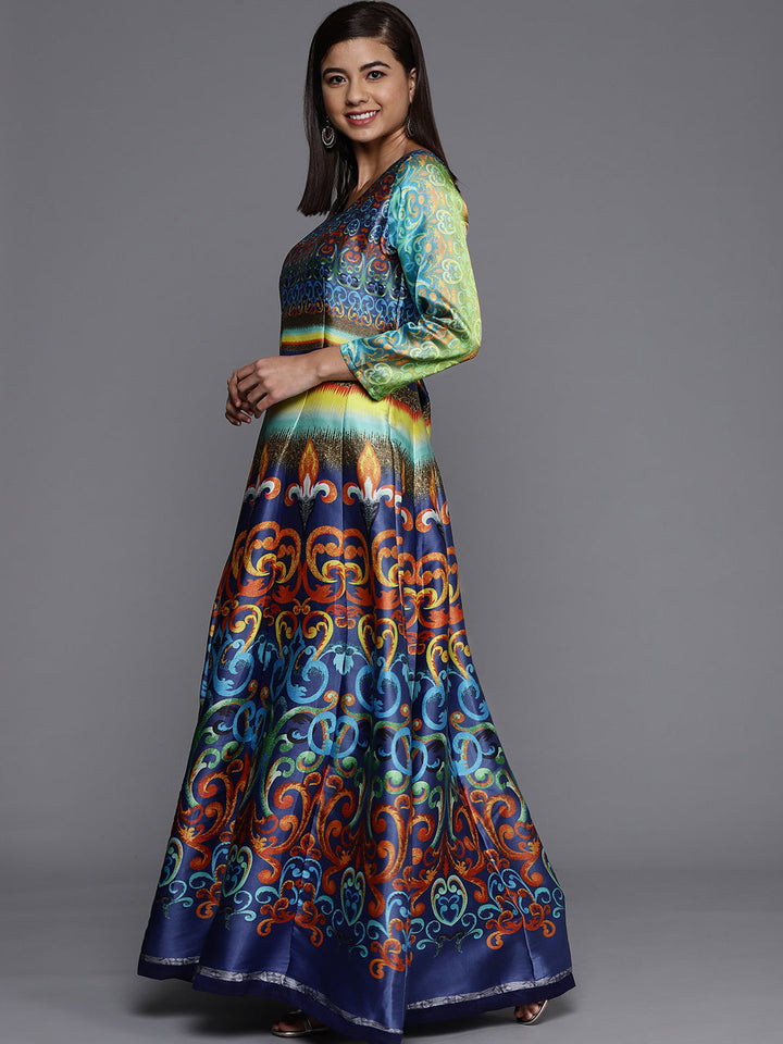 Made to Measure Blue & Green Anarkali Bohemian Printed Dress with Green Net Dupattta