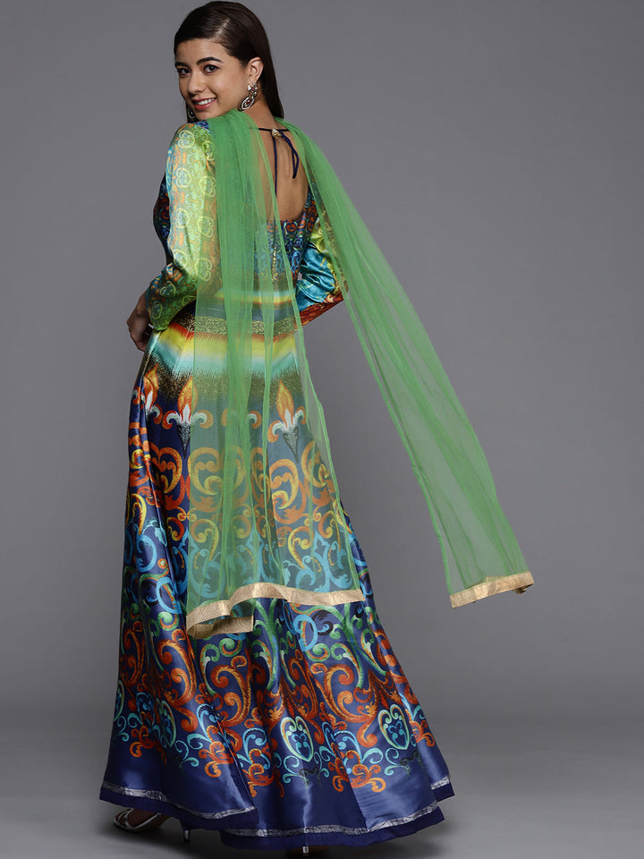 Made to Measure Blue & Green Anarkali Bohemian Printed Dress with Green Net Dupattta