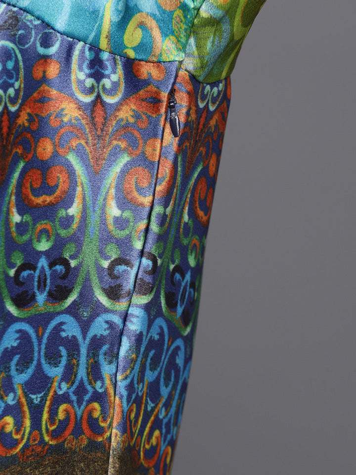 Made to Measure Blue & Green Anarkali Bohemian Printed Dress with Green Net Dupattta