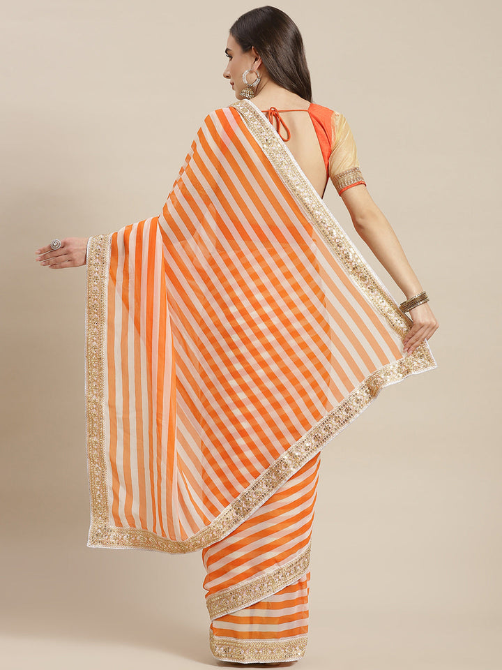 Orange Leheriya Print Georgette Saree with Sequin Embroidery Border