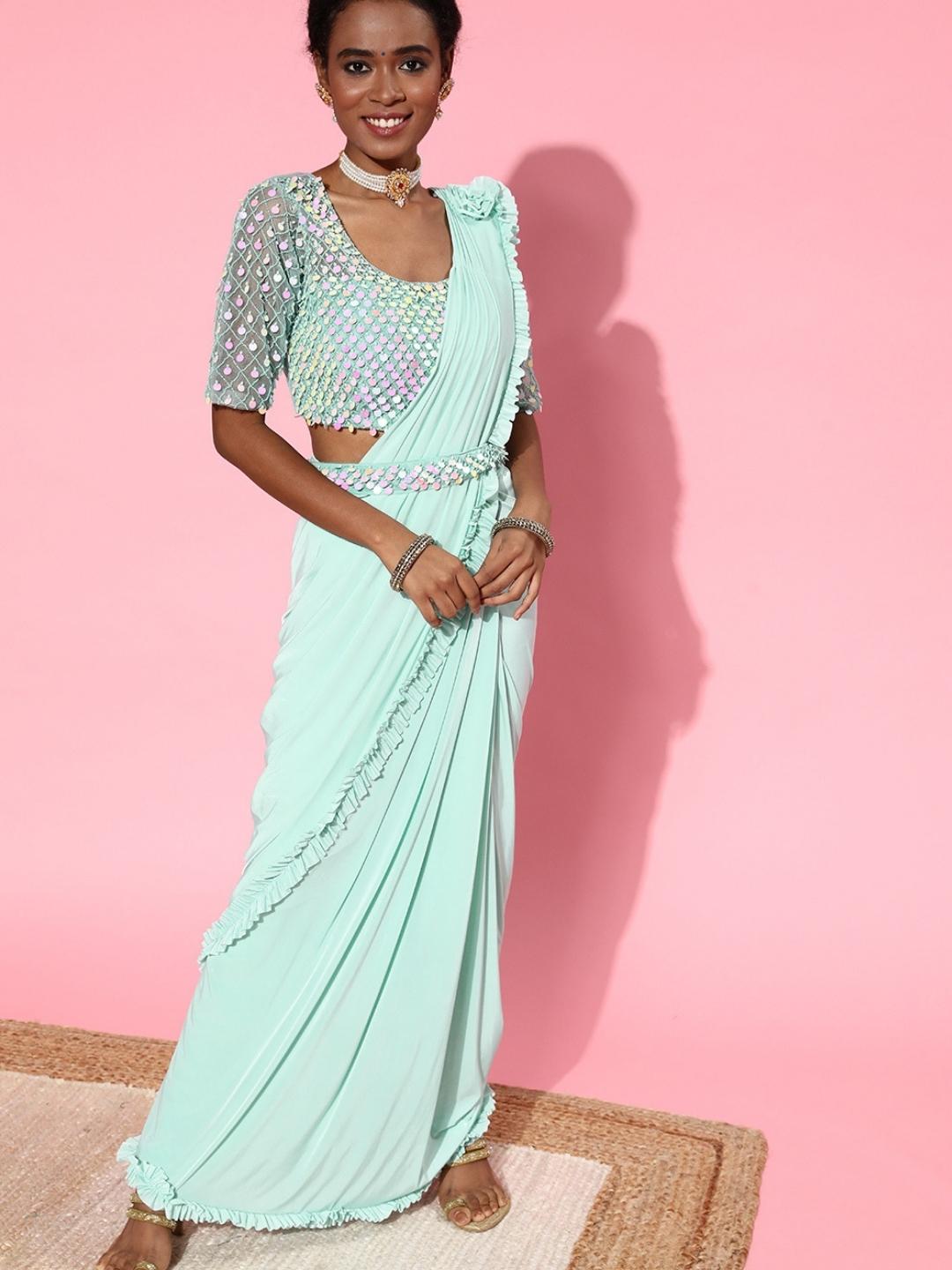 Ready to Wear Ruffled Belted Saree with Sequin Embellishments