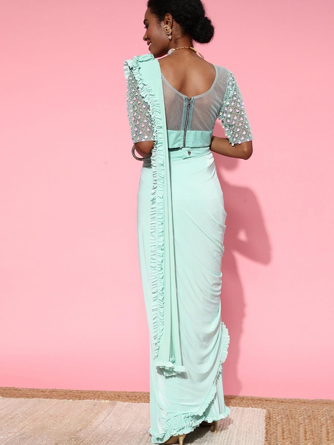 Ready to Wear Ruffled Belted Saree with Sequin Embellishments