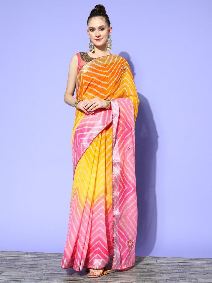 Pink Ombre Chevron Print & Floral Cutdana Embellished Saree