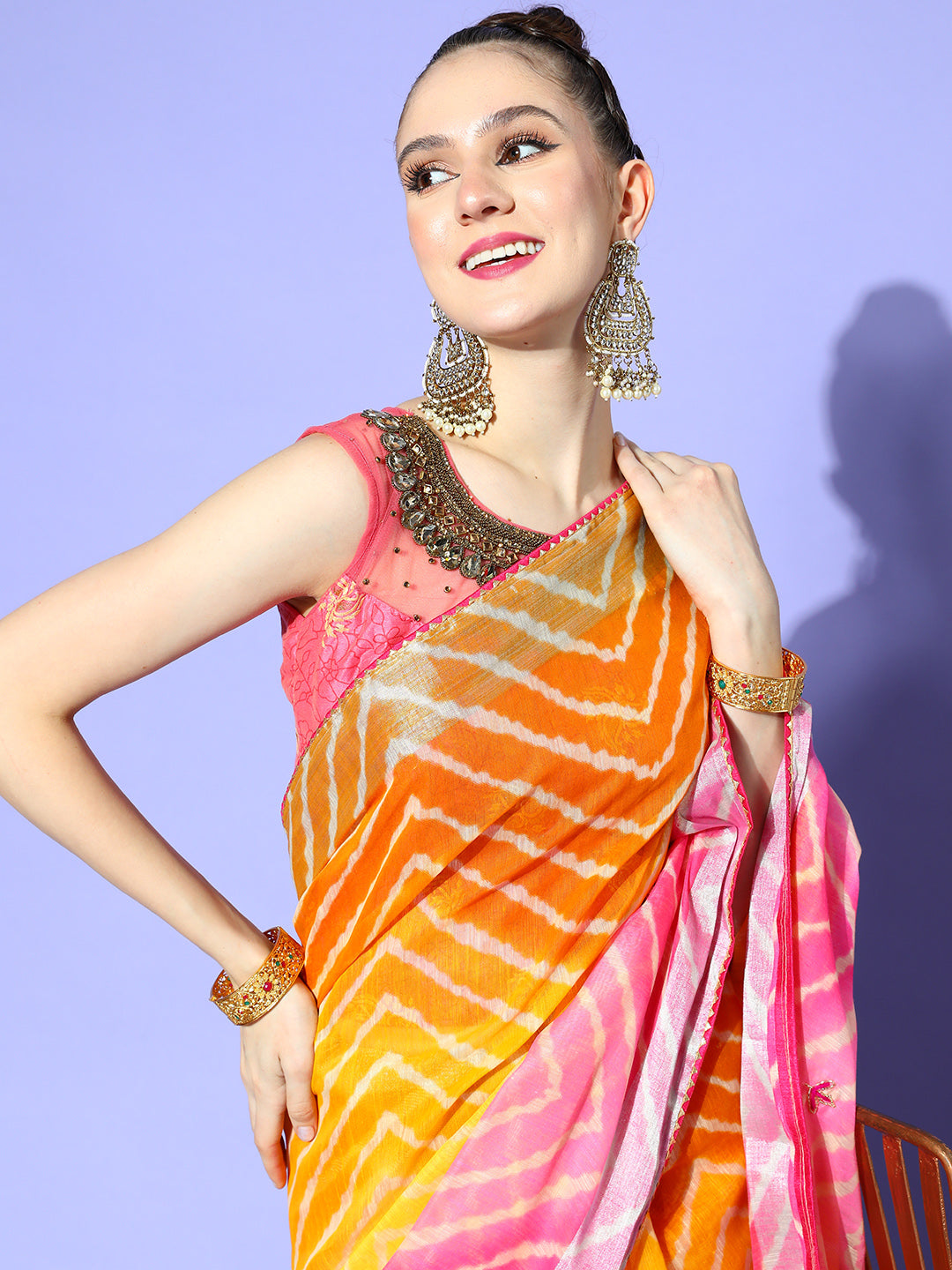 Pink Ombre Chevron Print & Floral Cutdana Embellished Saree