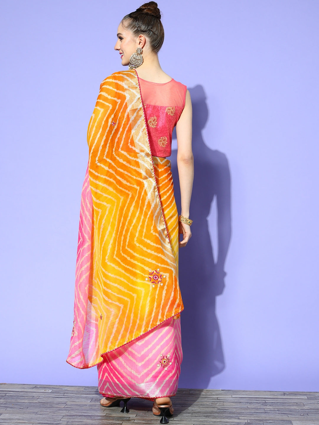 Pink Ombre Chevron Print & Floral Cutdana Embellished Saree