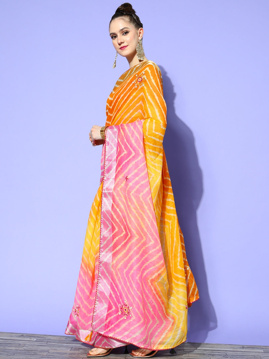 Pink Ombre Chevron Print & Floral Cutdana Embellished Saree