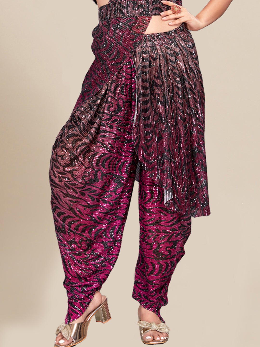 Pre Draped Stitched Floral Digital Print Dhoti Saree with Belt