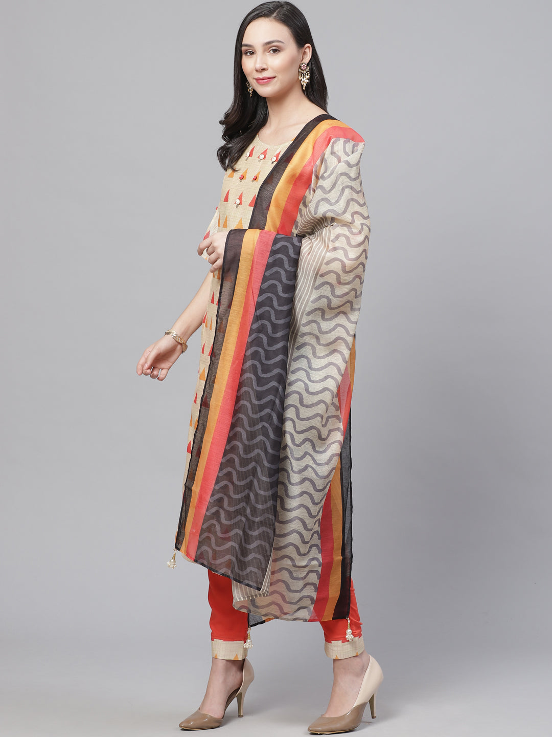 Chanderi Silk Dress Material with Digital Handloom & Indie Print with Maheshwari Dupatta