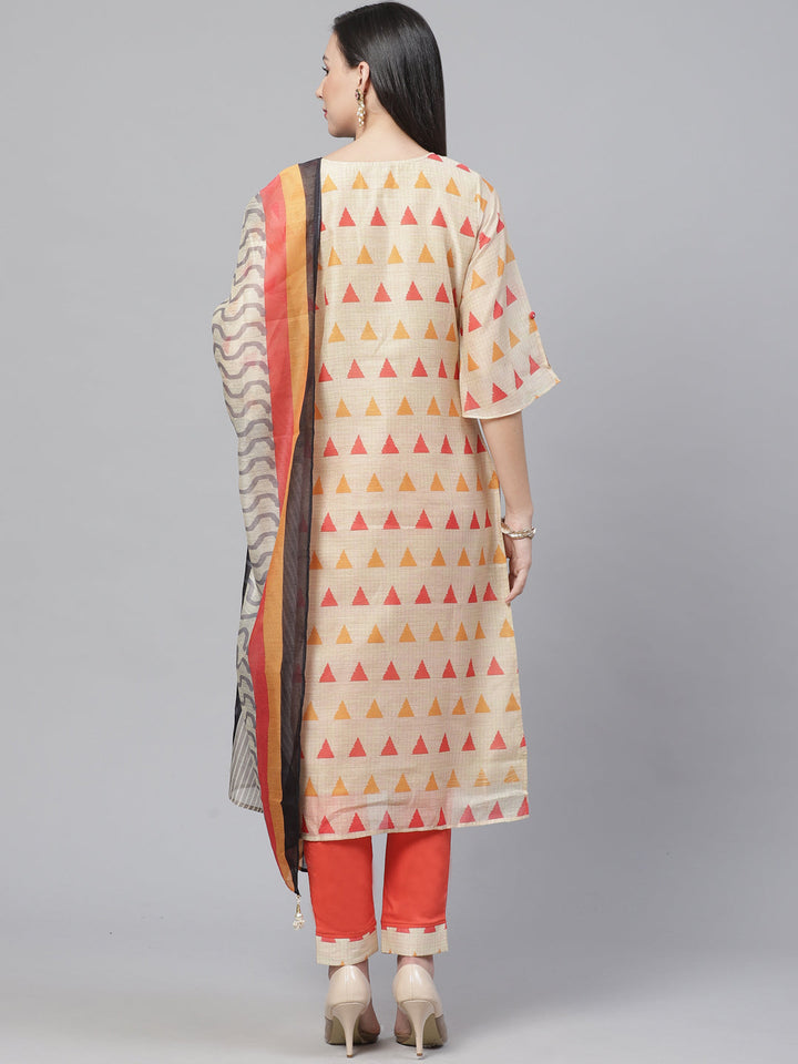 Chanderi Silk Stitched Suit with Digital Handloom & Indie Print with Maheshwari Dupatta