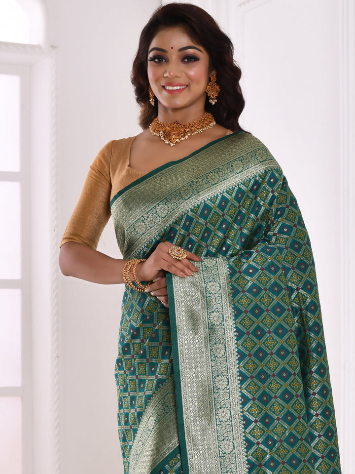 Teal Ethnic Motifs Zari Art Silk Banarasi Saree