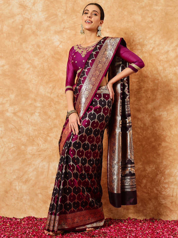 Chhabra 555 Two- Shaded Zari Resham Woven Banarasi Traditional Handloom Wine Pure Silk Saree 