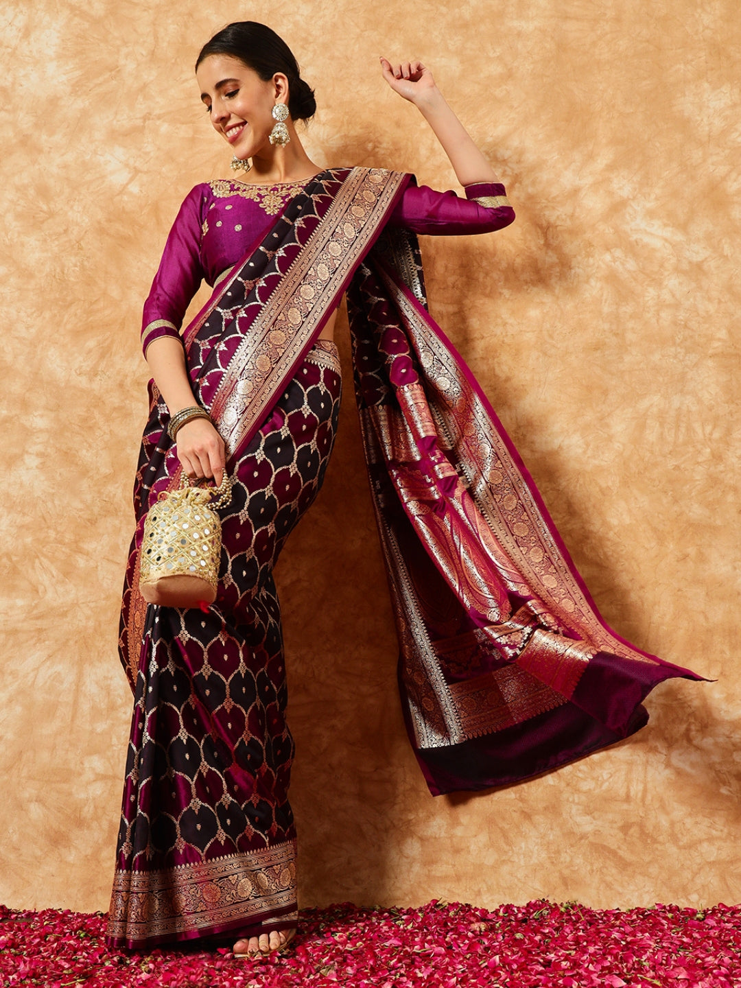 Two- Shaded Zari Resham Woven Banarasi Wine Silk Saree