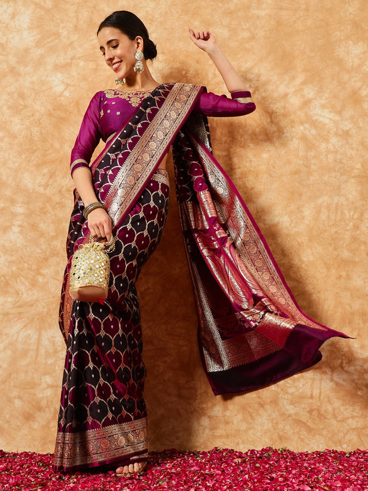 Two- Shaded Zari Resham Woven Banarasi Wine Silk Saree