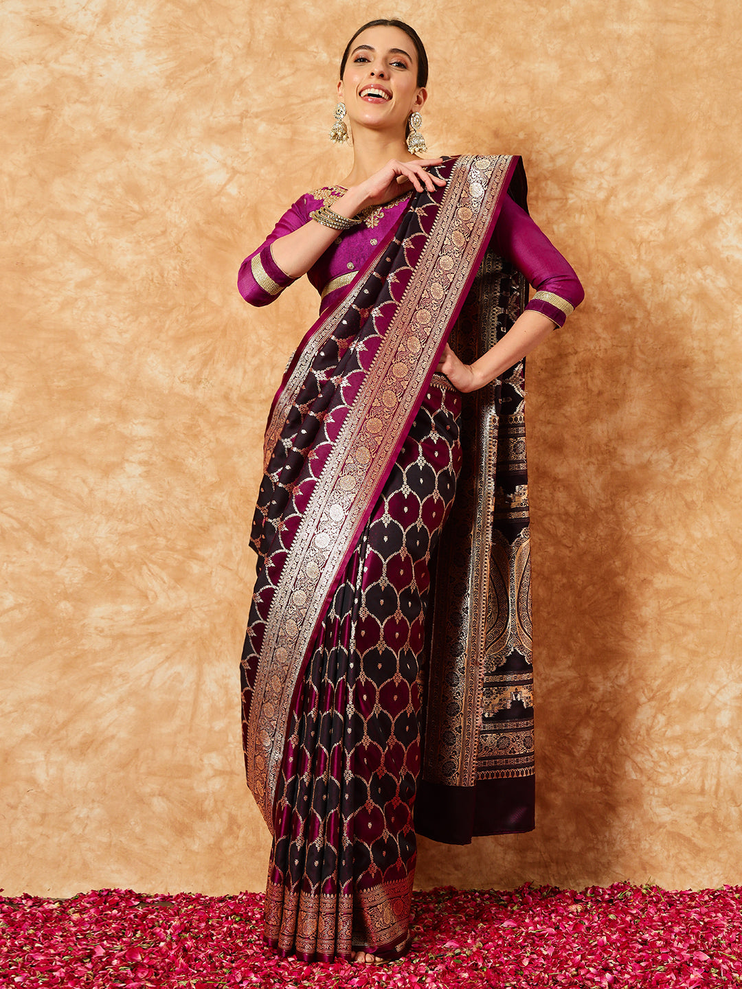 Two- Shaded Zari Resham Woven Banarasi Wine Silk Saree
