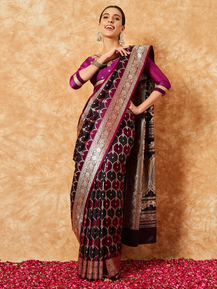 Two- Shaded Zari Resham Woven Banarasi Wine Silk Saree