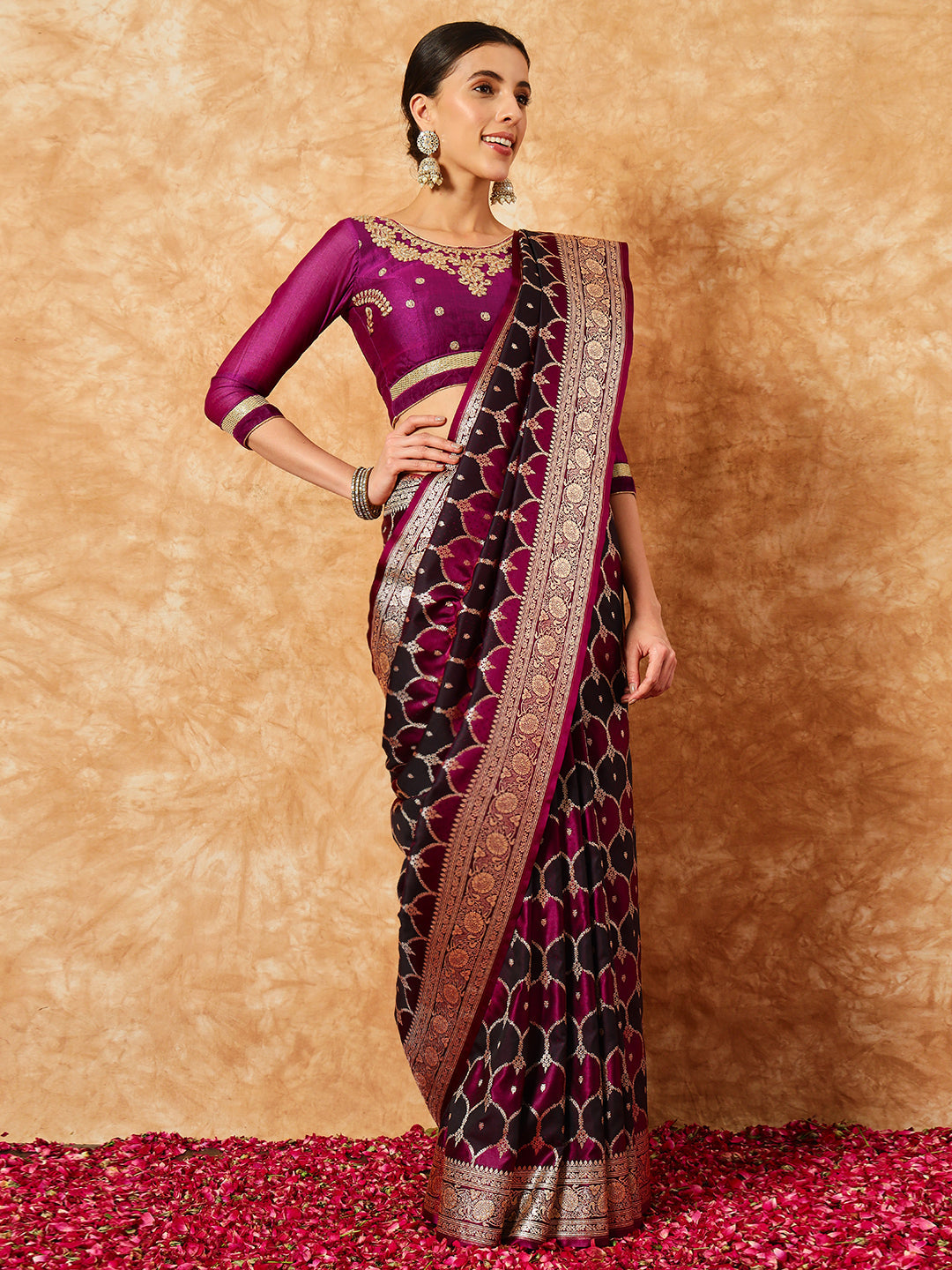 Two- Shaded Zari Resham Woven Banarasi Wine Silk Saree
