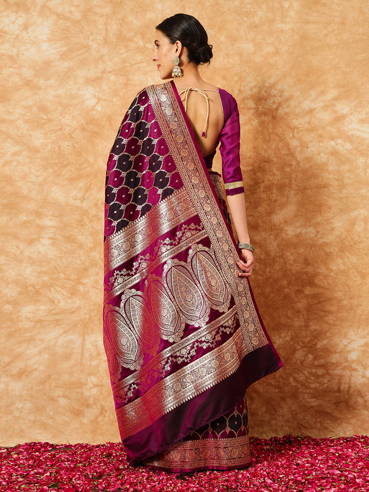 Two- Shaded Zari Resham Woven Banarasi Wine Silk Saree