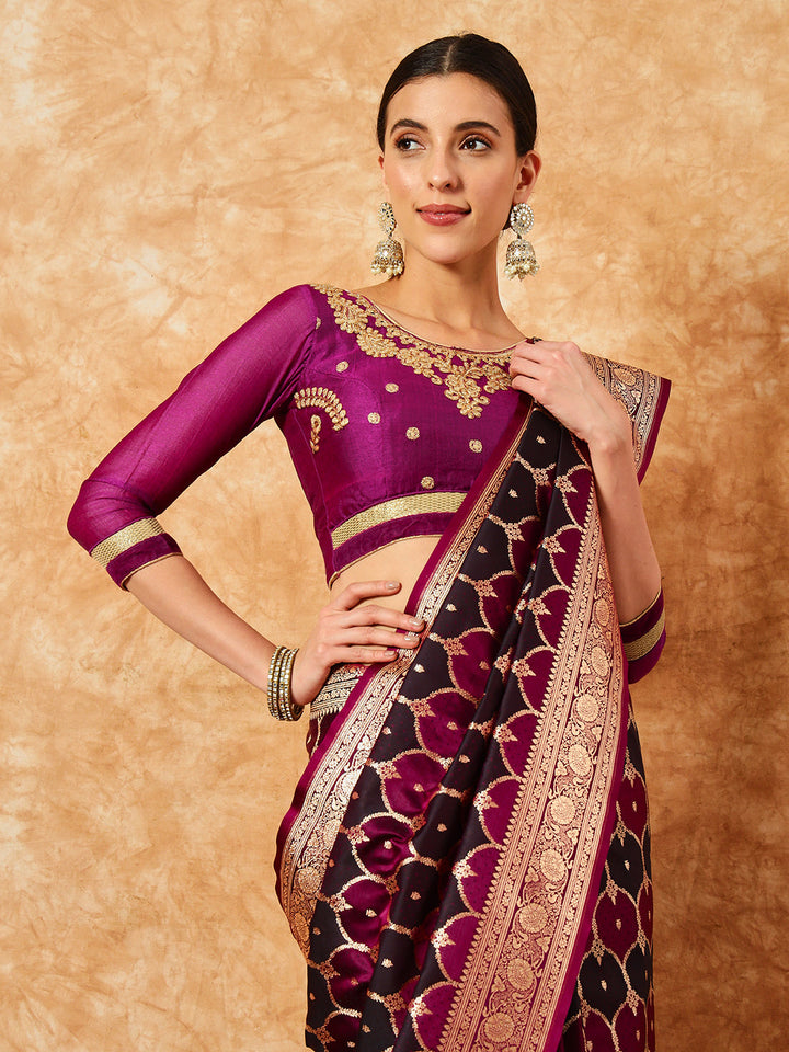 Two- Shaded Zari Resham Woven Banarasi Wine Silk Saree