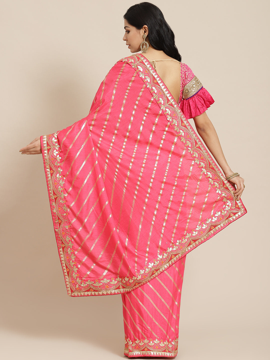 Coral Pink Lehariya Dupion Saree With Gota Patti Embroidered  Border