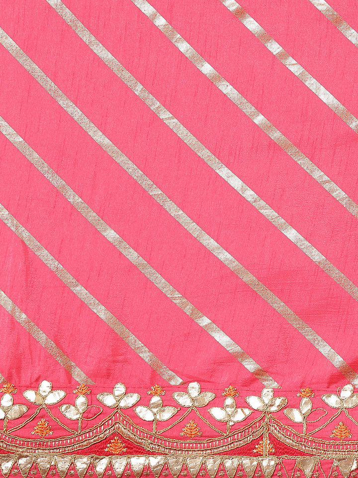 Coral Pink Lehariya Dupion Saree With Gota Patti Embroidered  Border